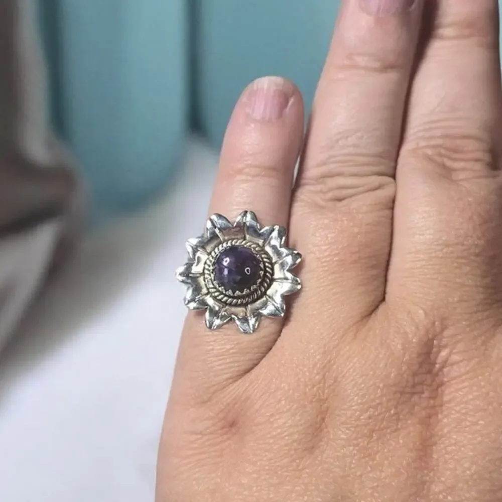 Amethyst Cabochon Flower Ring in Sterling Silver 925 – Romantic Ring, Size 6